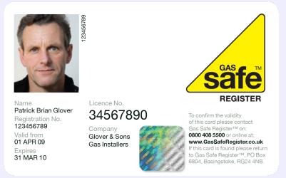 Front of Gas Safe identity card.